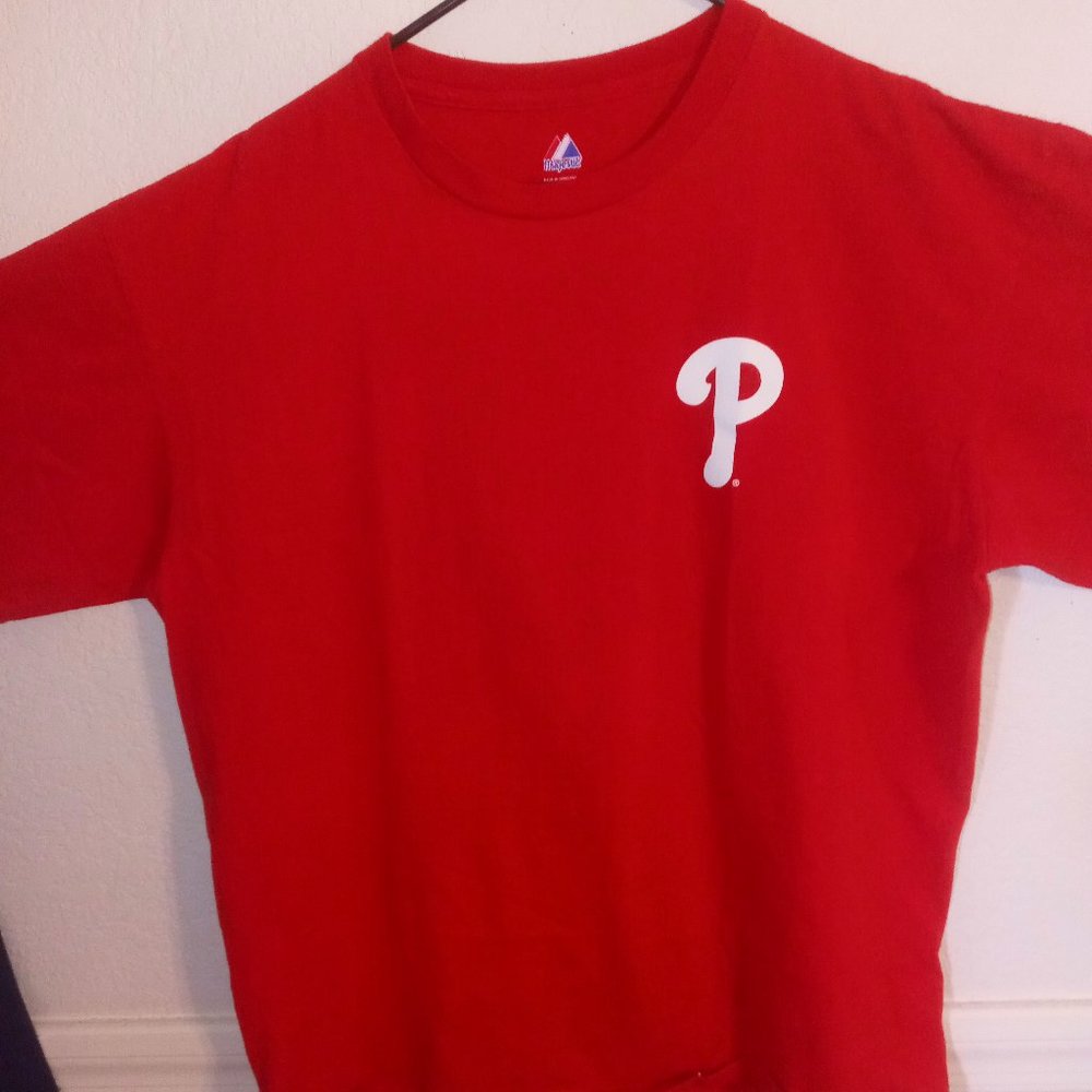 NL MAJESTIC PHILADELPHIA PHILLIES LOGO MENS RED TEE SHIRT SZ XL